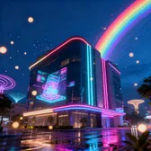 3D light effect on a modern building in Ho Chi Minh City at night, background having lightworks, night rainbow