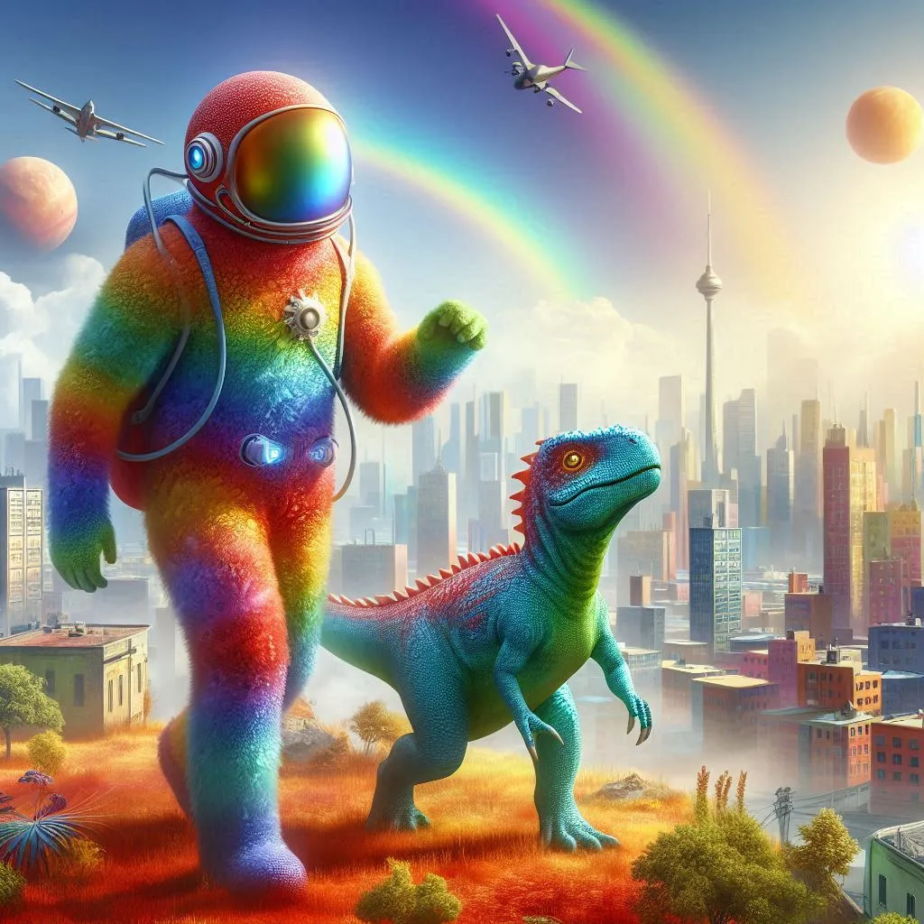 A full colorful human (un nature) living in 2500, his pet is a mini dinasour, walking in the sky cit