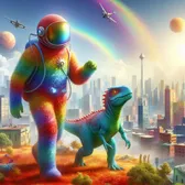 A full colorful human (un nature) living in 2500, his pet is a mini dinasour, walking in the sky cit