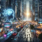 A futuristic cityscape in the year 2075, where humans have integrated AI into their brains, creating (1)