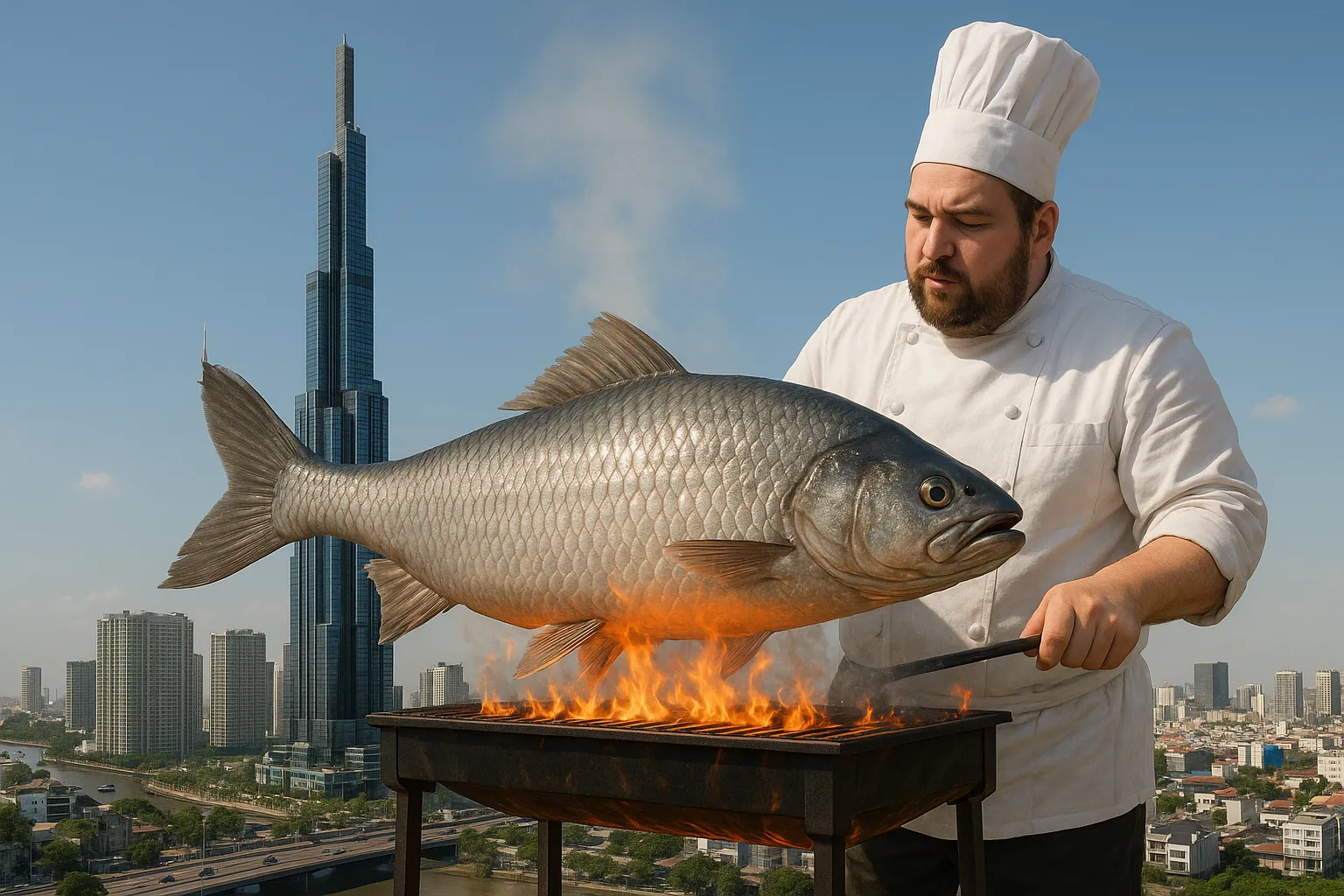 A hyper-realistic scene of a giant chef grilling an enormous fish
