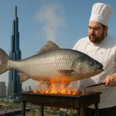 A hyper-realistic scene of a giant chef grilling an enormous fish