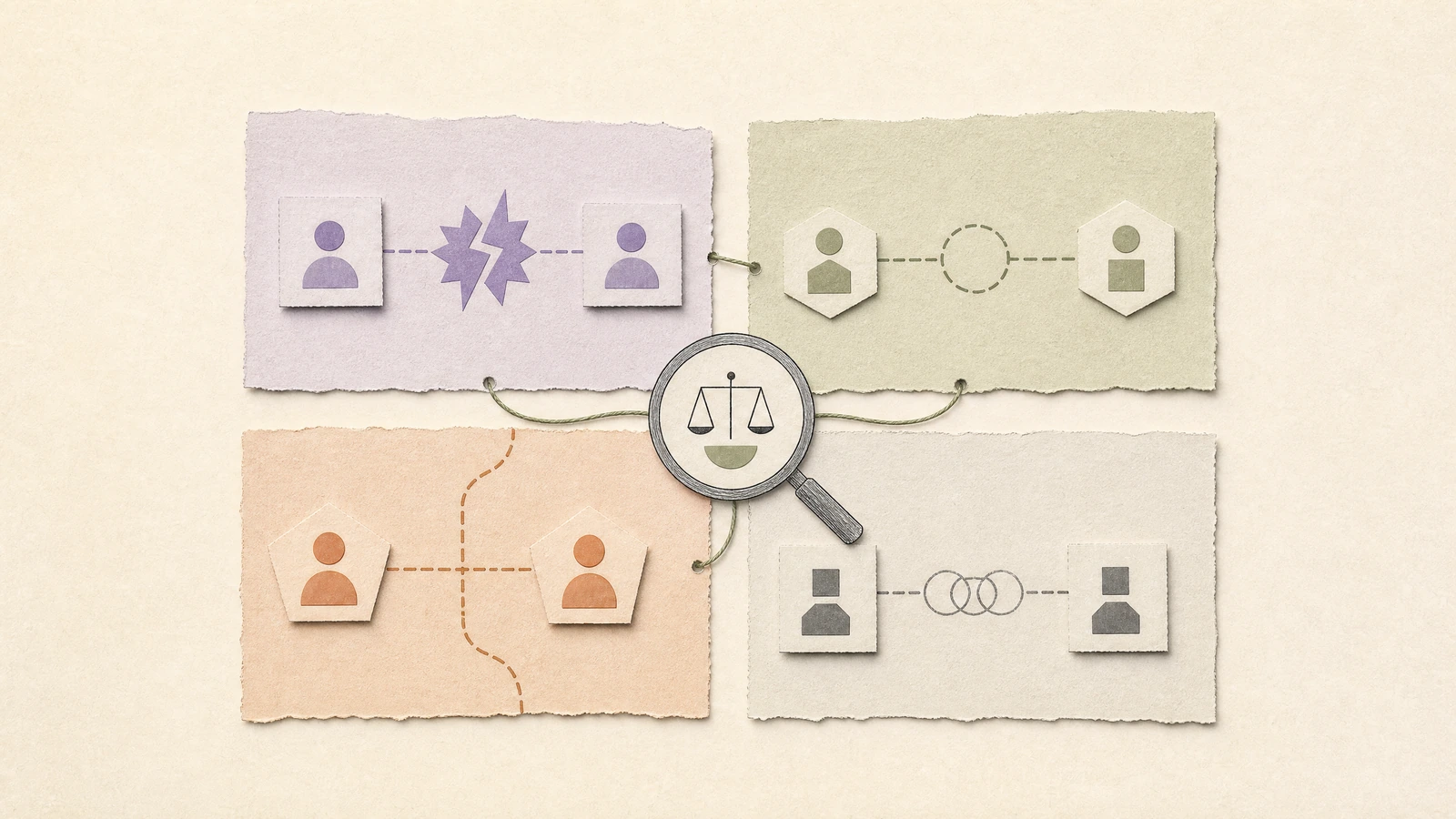 A hand-drawn conflict matrix compares evidence conflict, scope conflict, policy boundaries, and correlated agreement