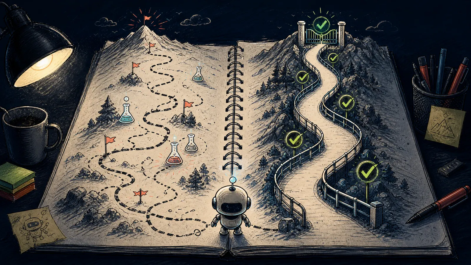 A capability suite explores the mountain; a regression suite protects the safe route