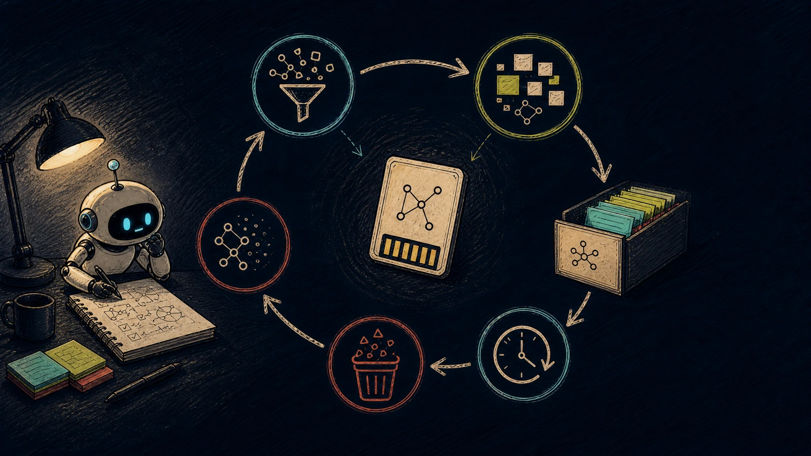 A lifecycle loop turns raw memories into reviewed knowledge, then decays or deletes it when the policy says so
