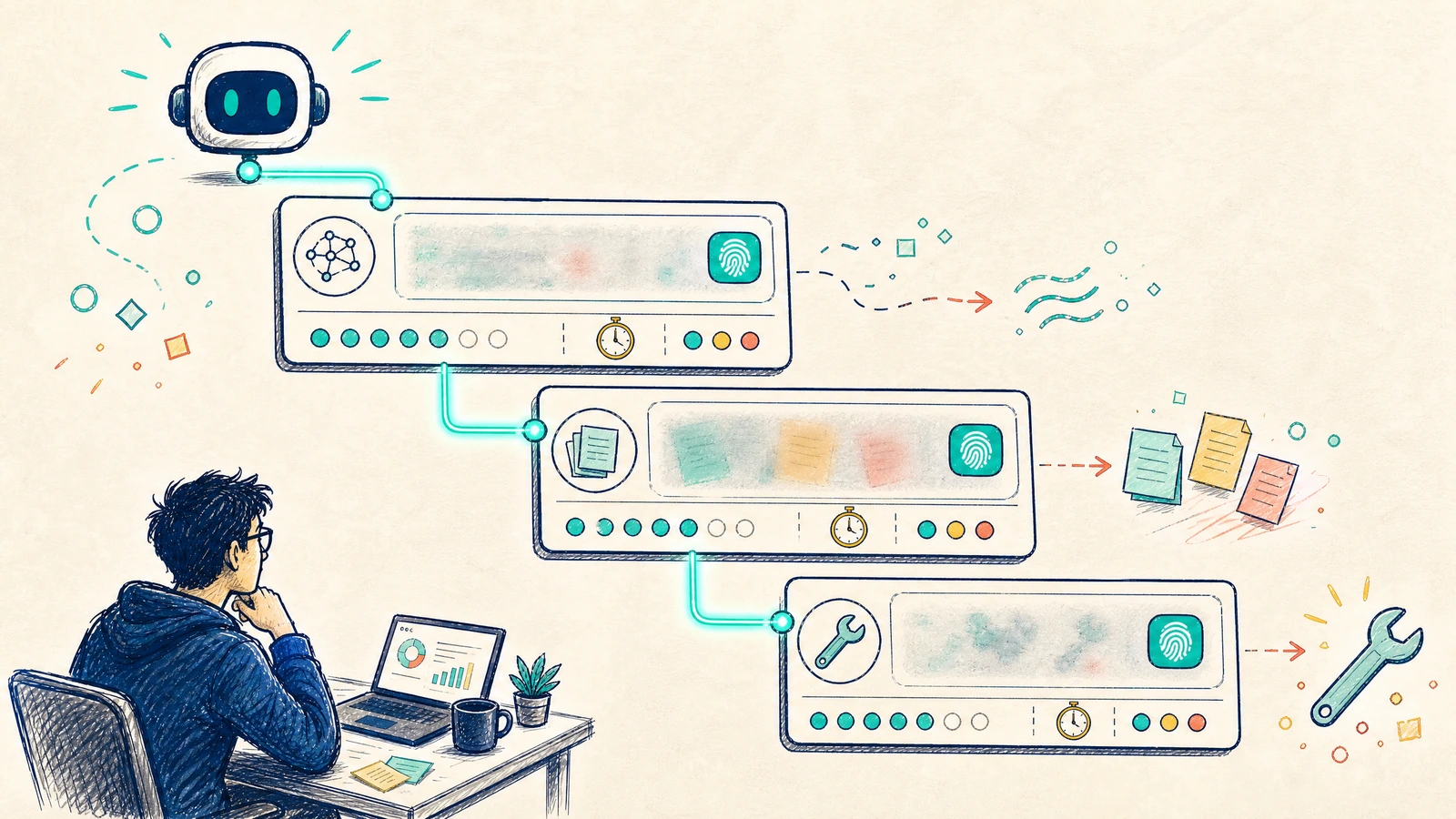 An agent root span fans out through model, retrieval, and tool-call cards while raw content stays behind a privacy layer