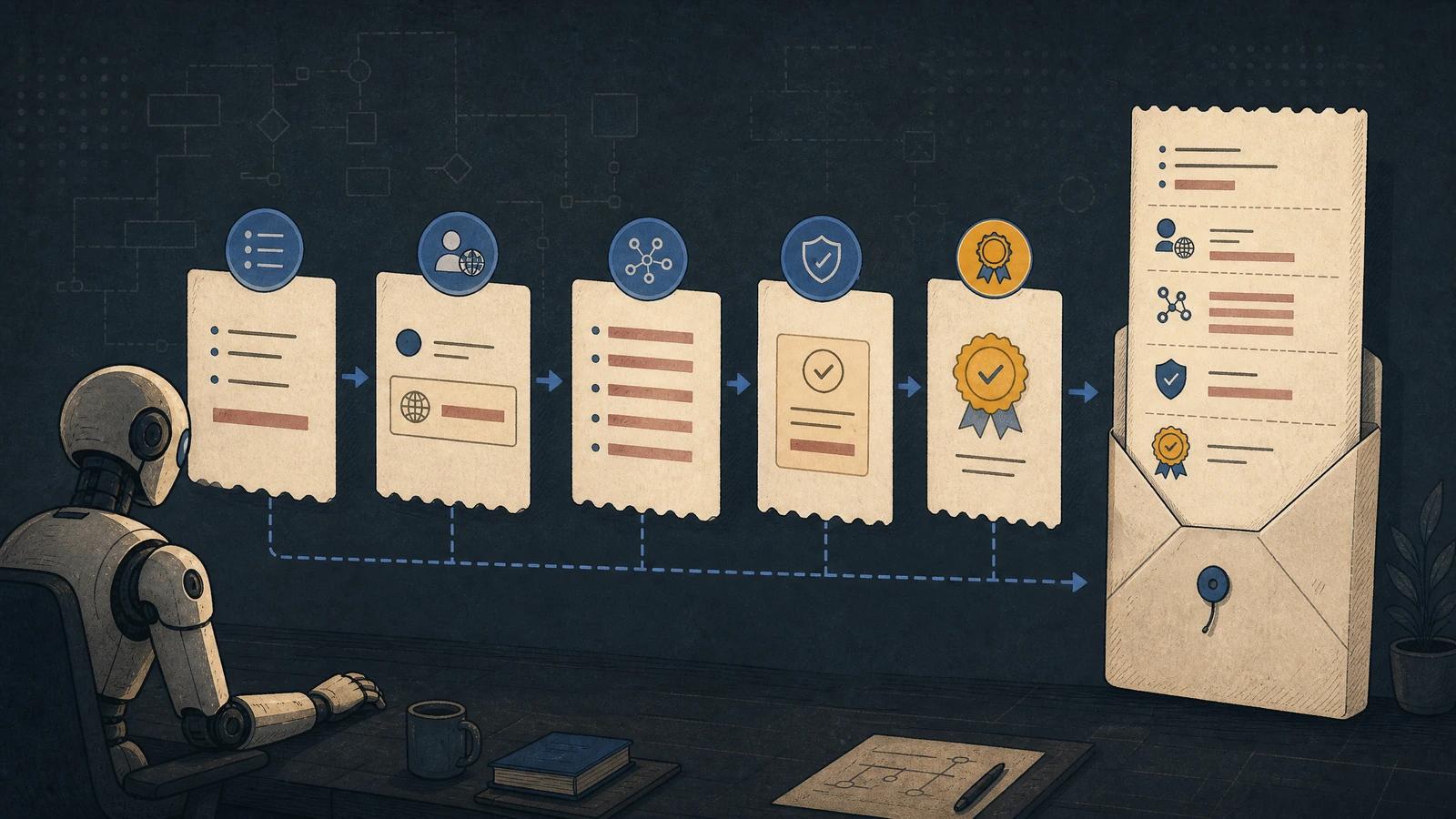 An exploded receipt envelope assembles action summary, actor and scope, evidence hashes, policy decision, and verification seal