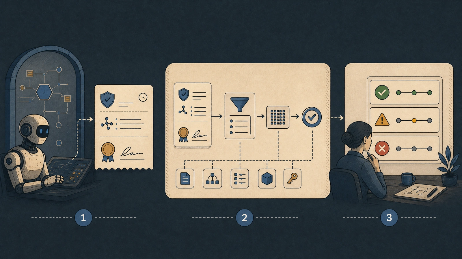 A verification flow moves from an agent gateway through canonicalization and hash checks to a human reviewer who sees pass, warning, or unverifiable outcomes