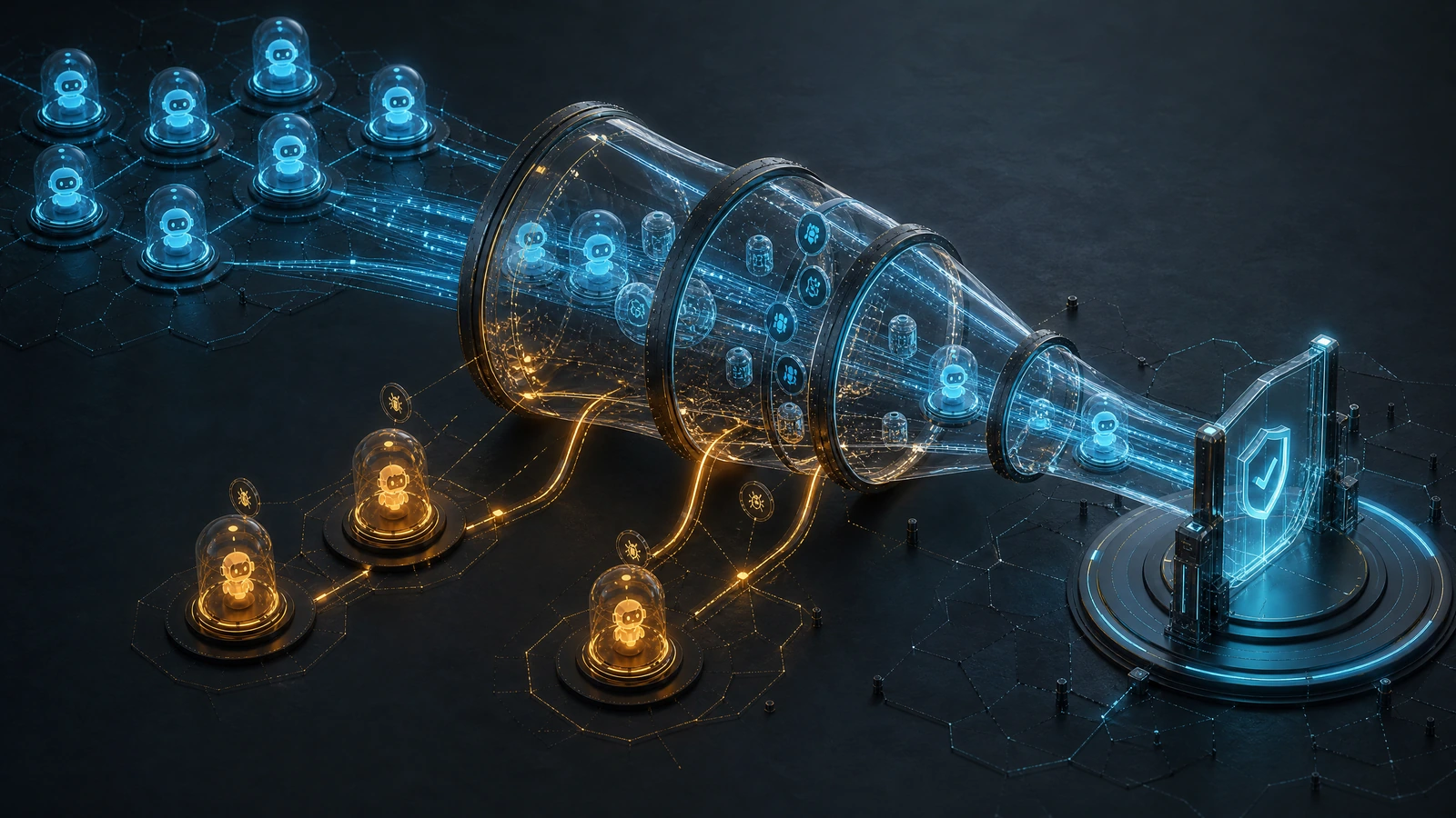 A quarantine funnel blocks unowned agents while preserving evidence for review and recovery