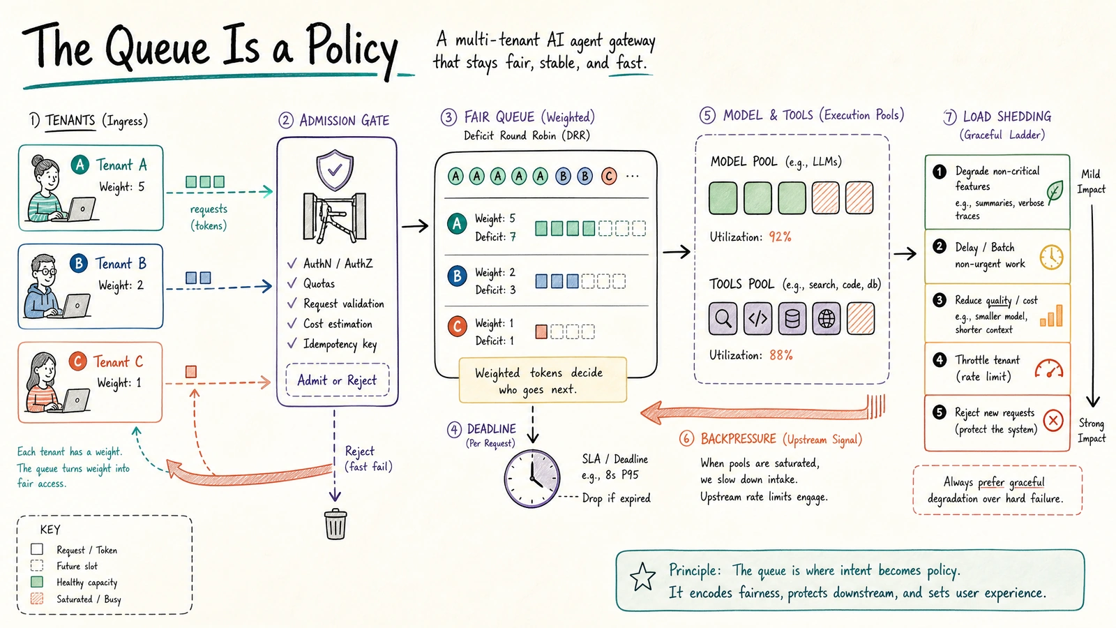 The Queue Is a Policy: Admission Control, Backpressure, and Fairness for Multi-Tenant AI Agents