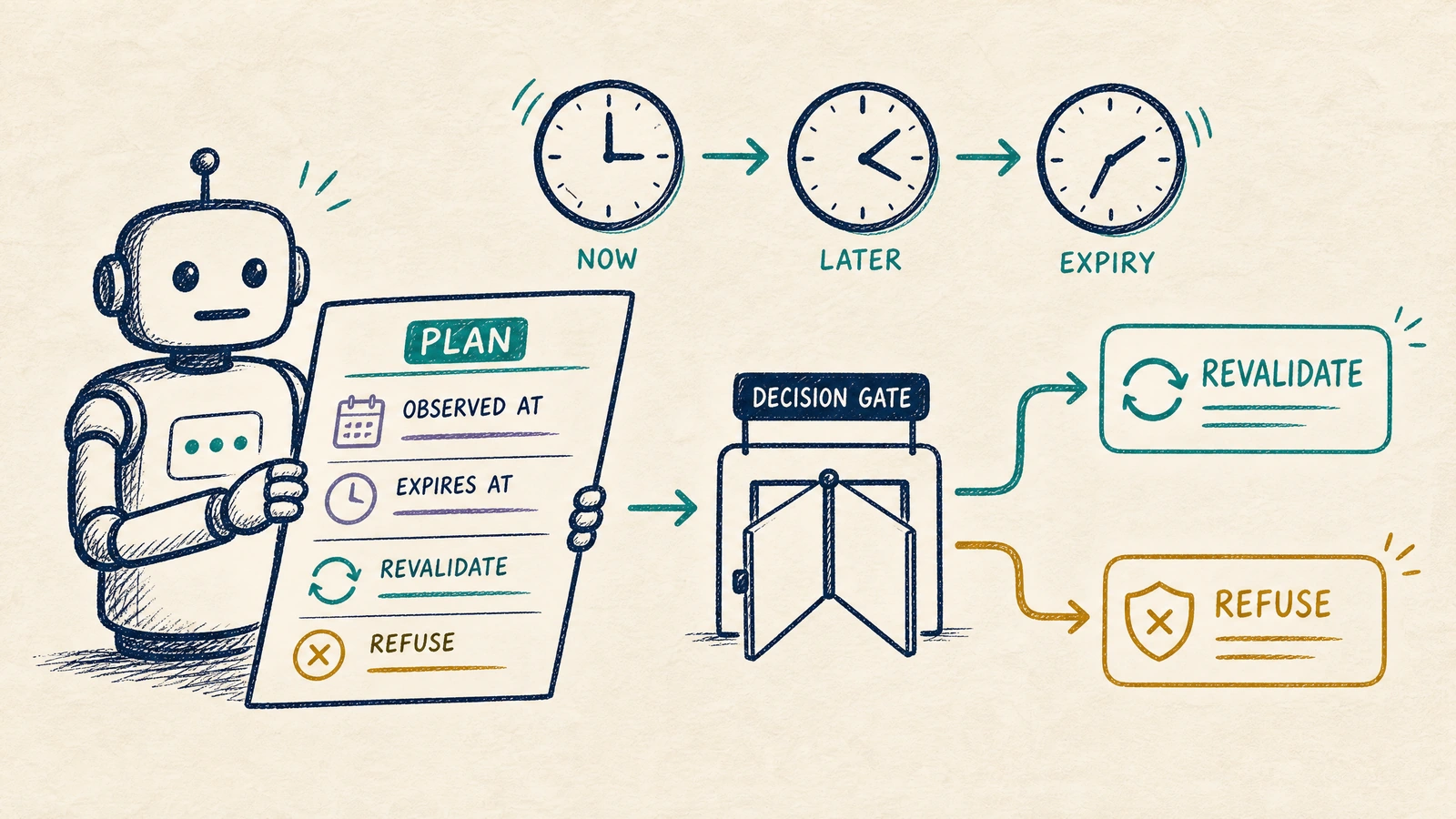 A plan becomes stale as the clock advances; a decision gate routes it to revalidation or refusal instead of executing blindly