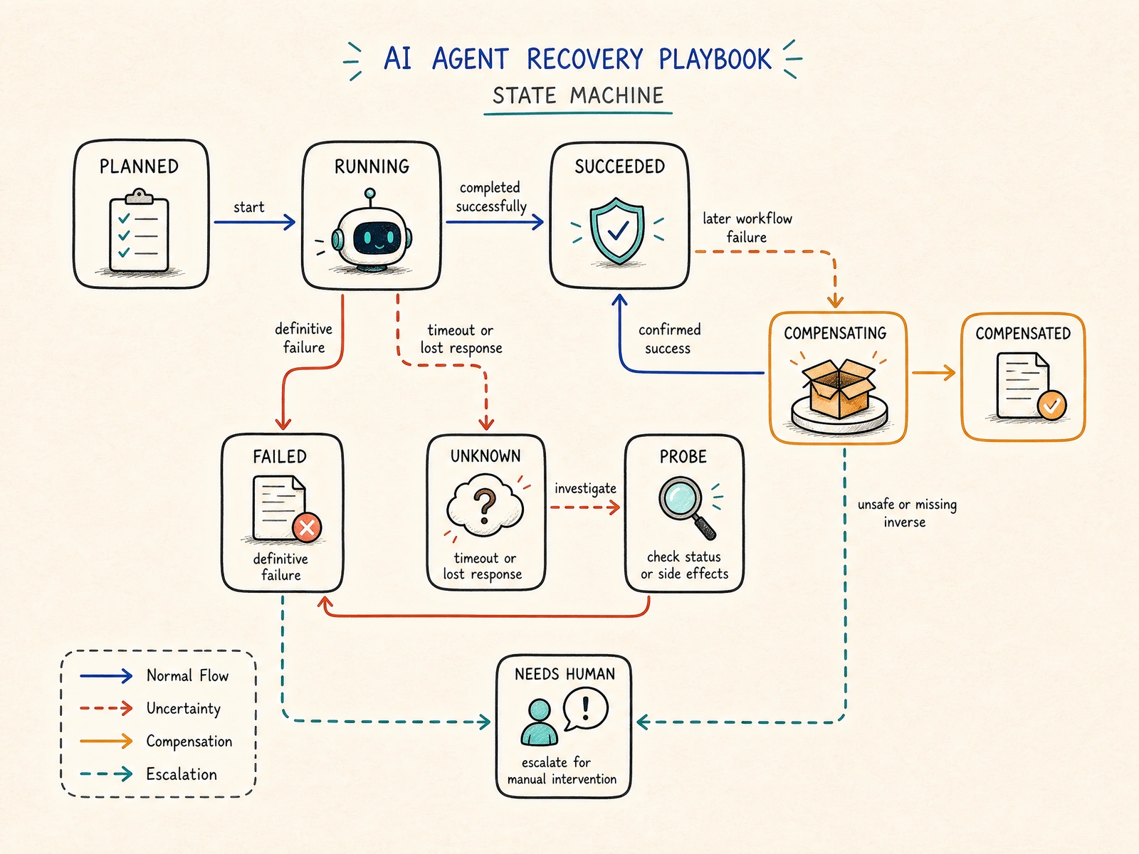 An AI agent recovery state machine separates definitive failure, unknown outcomes, probes, compensation, and human escalation