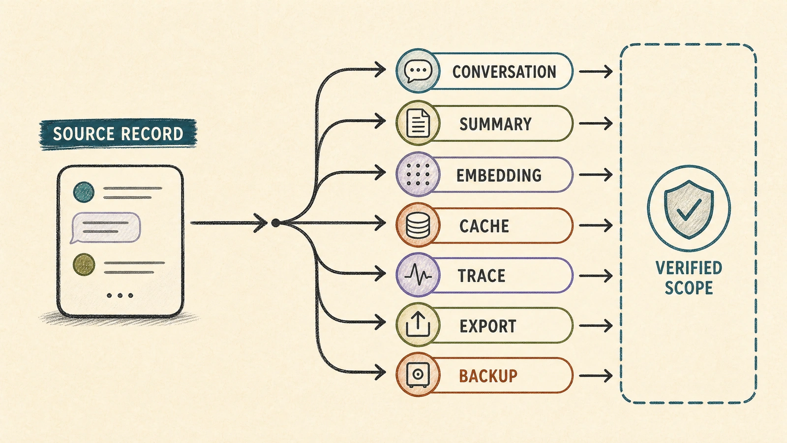 An AI data deletion graph connects source conversation data to durable memory, summaries, embeddings, caches, traces, exports, and derived evaluation artifacts