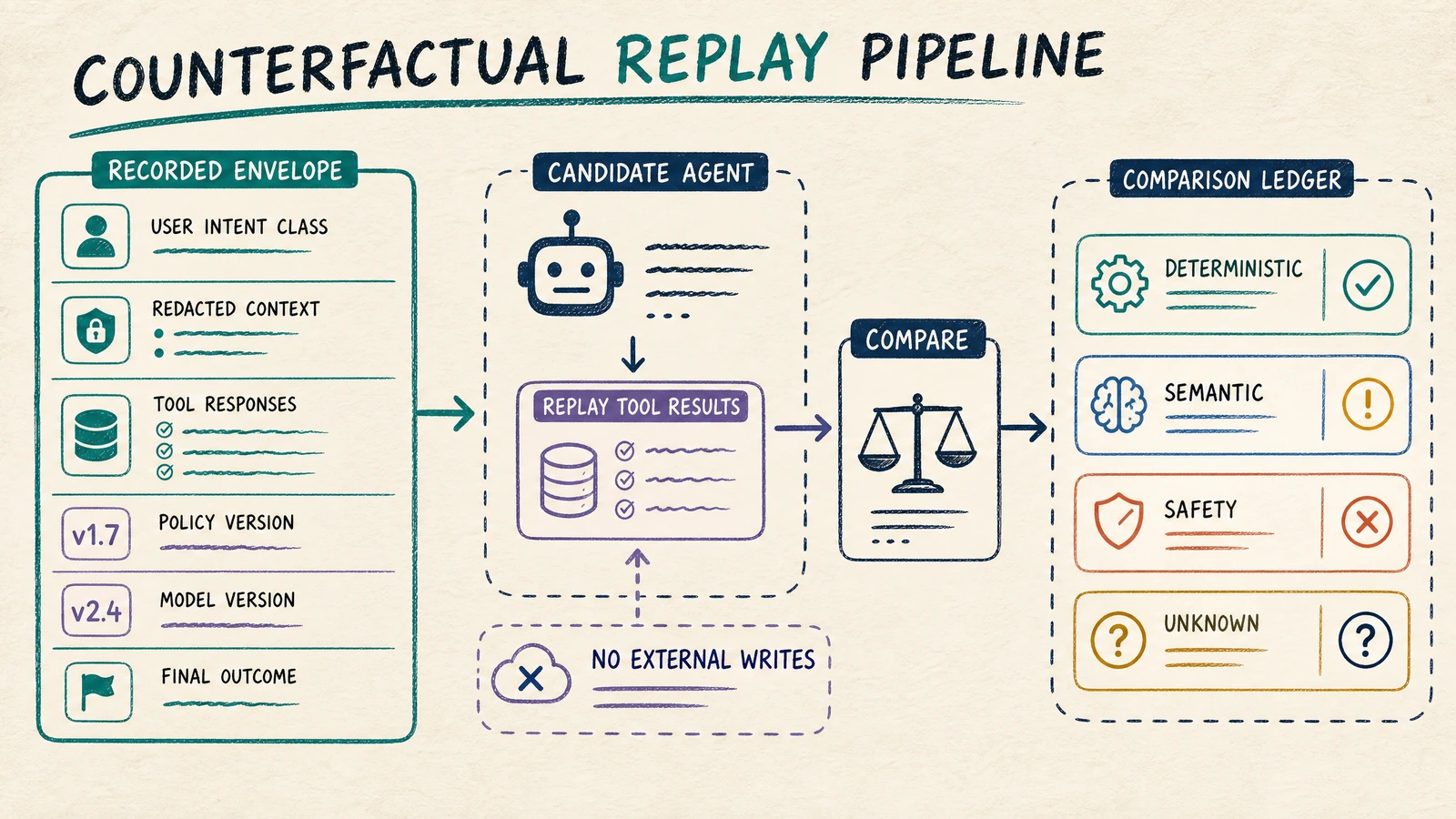 A recorded envelope feeds the candidate agent with replayed tool results and a comparison ledger, while a no-external-writes boundary prevents new side effects