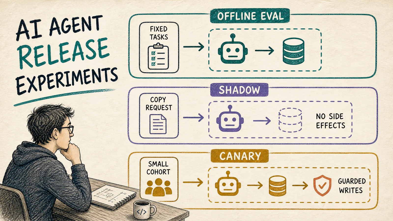 Three experiment modes separate fixed offline tasks, side-effect-free shadow traffic, and guarded canary writes