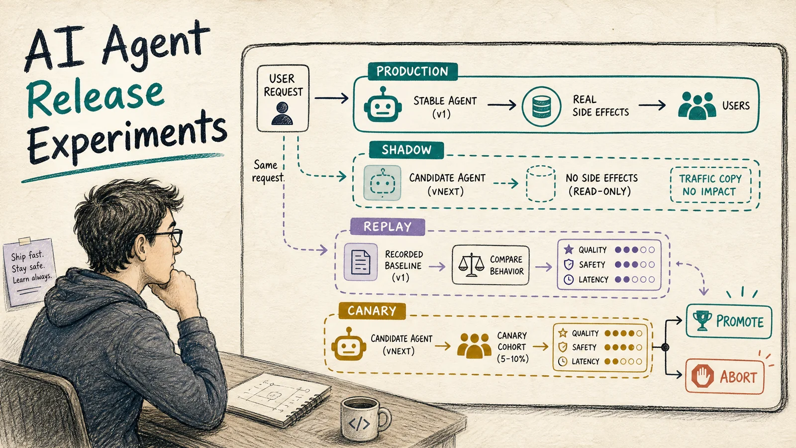 AI Agent Release Experiments: Shadow Traffic, Counterfactual Replay, and Promotion Gates
