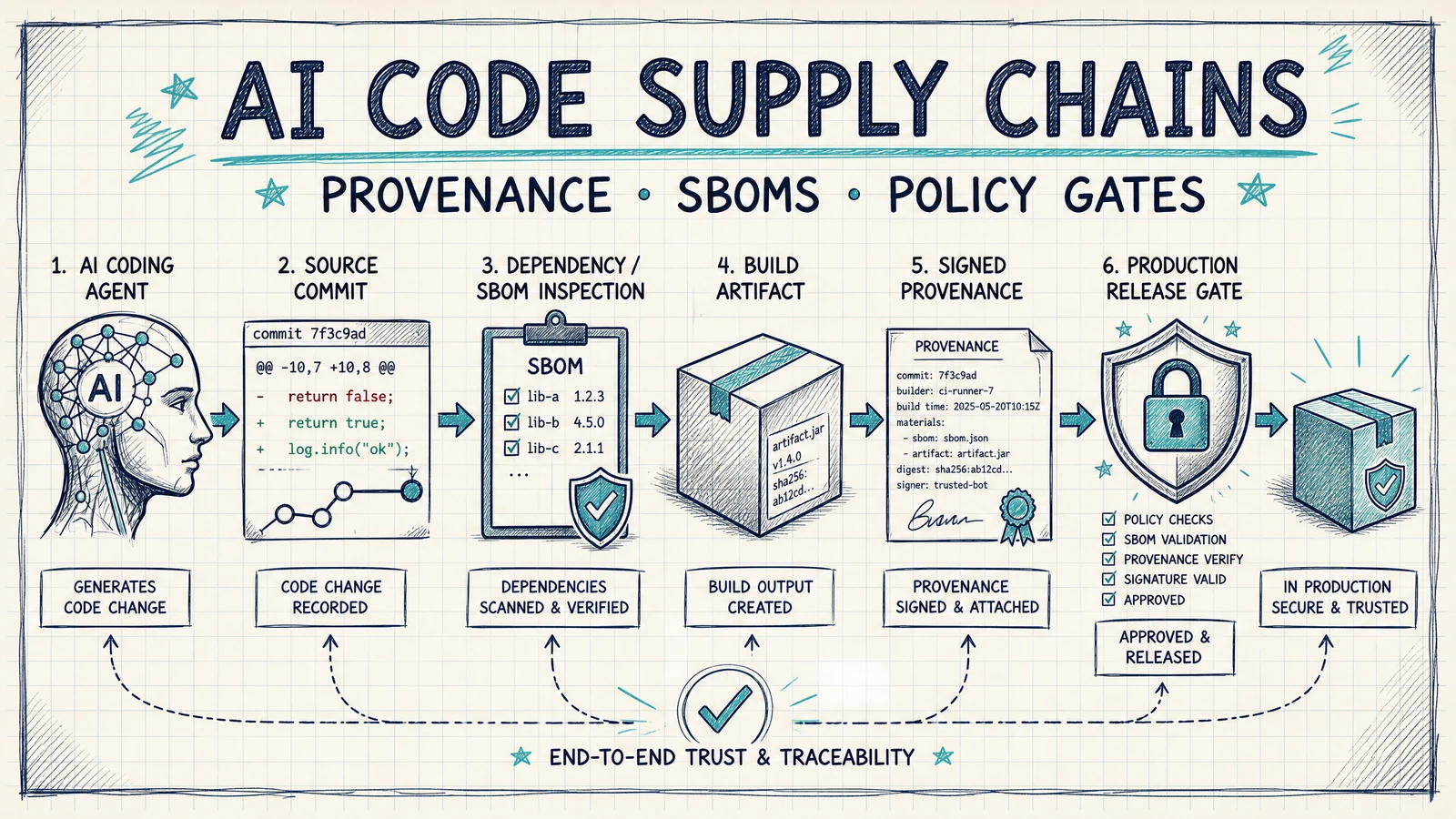 AI Code Supply Chains: Provenance, SBOMs, and Policy Gates for Agent-Generated Changes