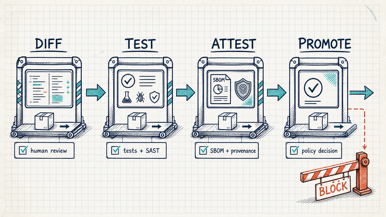 A hand-drawn release pipeline with DIFF, TEST, ATTEST, and PROMOTE stations, including a BLOCK barrier for failed checks