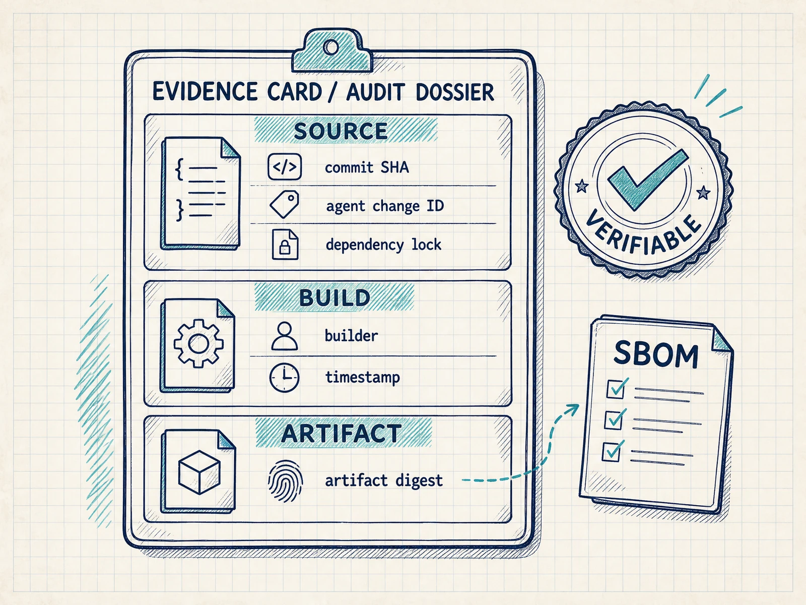 A hand-drawn evidence card with source, build, artifact, commit SHA, agent change ID, dependency lock, builder, timestamp, artifact digest, and an SBOM document