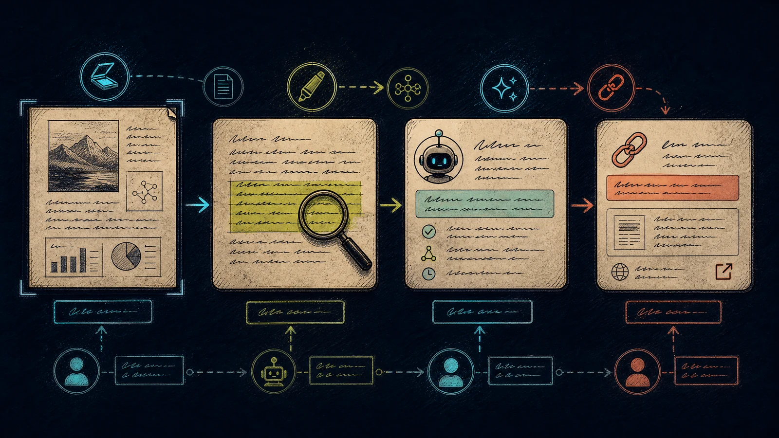 A provenance lineage map connects a source document through extraction and model transformation to a final claim