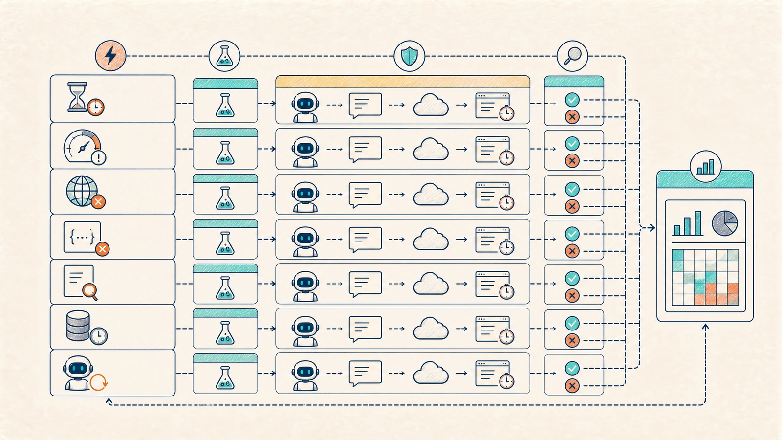 A fault matrix routes timeout, rate-limit, outage, malformed data, stale context, and worker restart experiments through observable agent runs