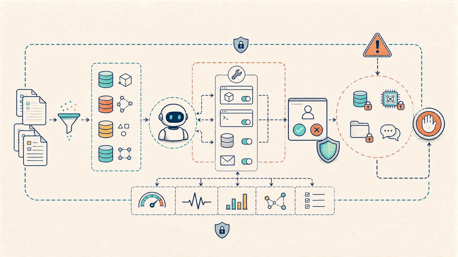 Synthetic data and reversible tools surround an isolated agent laboratory with a human approval gate and a hard stop