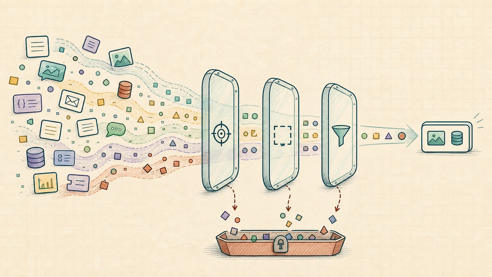 An editorial pipeline narrows raw records through purpose, scope, and transformation gates before creating a model context