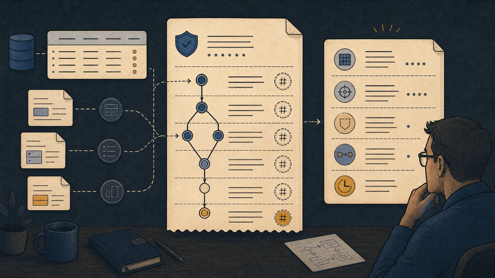 An illustration of source records connected through a lineage ledger into a context manifest with purpose, tenant, transformation, and expiry markers