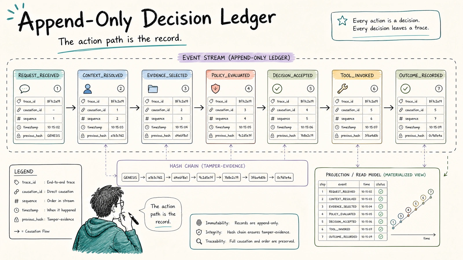 A hand-drawn whiteboard event ledger for an AI agent, showing request, evidence, policy, approval, tool execution, and outcome events connected by causation arrows