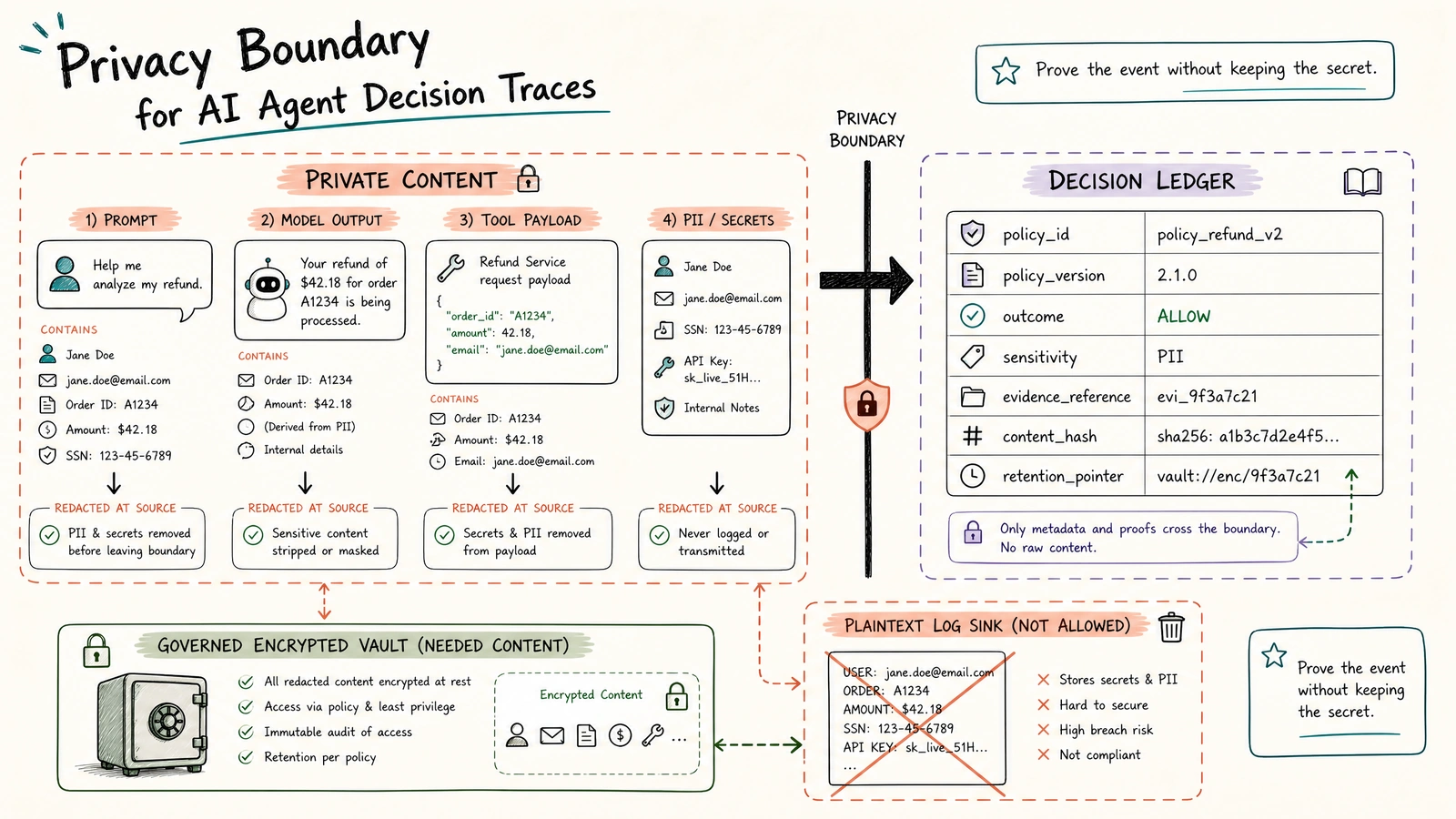 A hand-drawn whiteboard showing the privacy boundary between private prompt/tool content and the redacted decision ledger, with hashes and sensitivity labels crossing the boundary