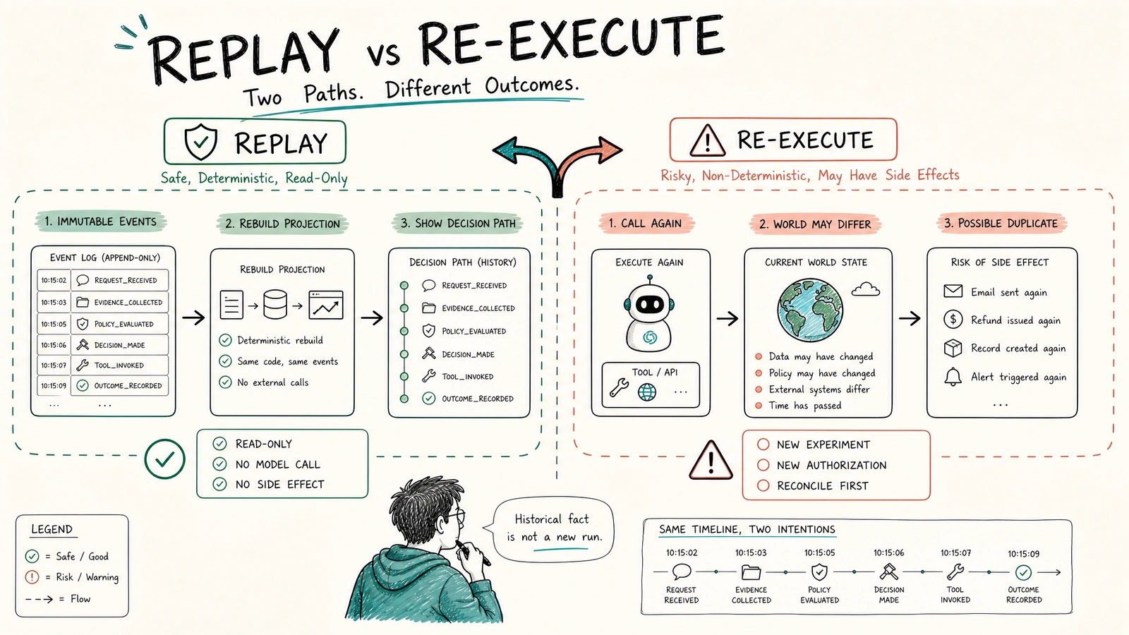 A hand-drawn whiteboard comparing safe projection replay and decision-path replay against risky model re-execution and duplicate side effects