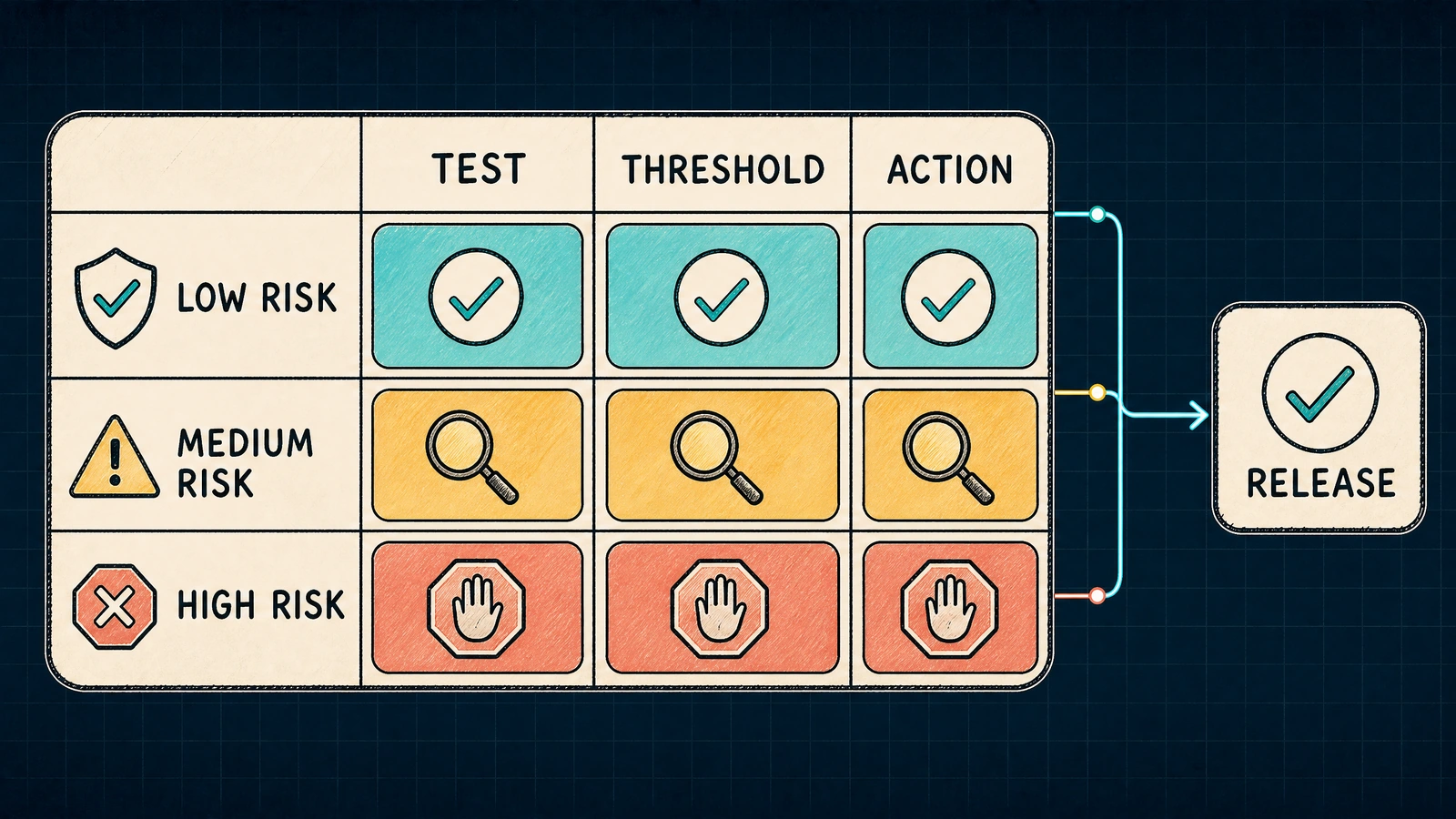 A hand-drawn release-gate matrix mapping risk tiers to deterministic failures, quality thresholds, and review paths
