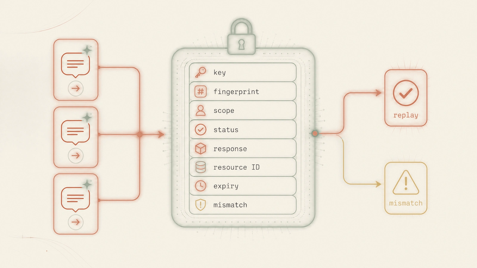 Three transport attempts converge on one protected idempotency record, while a parameter mismatch is rejected