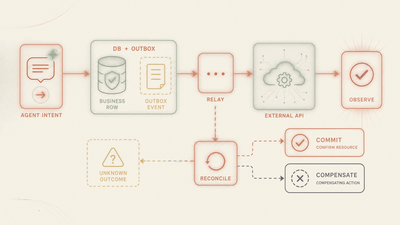 The agent intent is committed with an outbox event, relayed to an external API, then reconciled into a commit or compensation