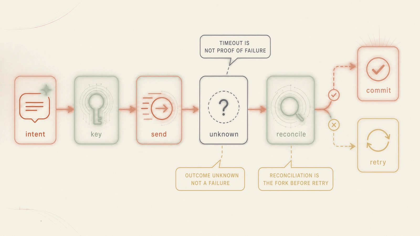 A retry-safe state machine separates unknown outcomes from confirmed failures and reconciles before retrying