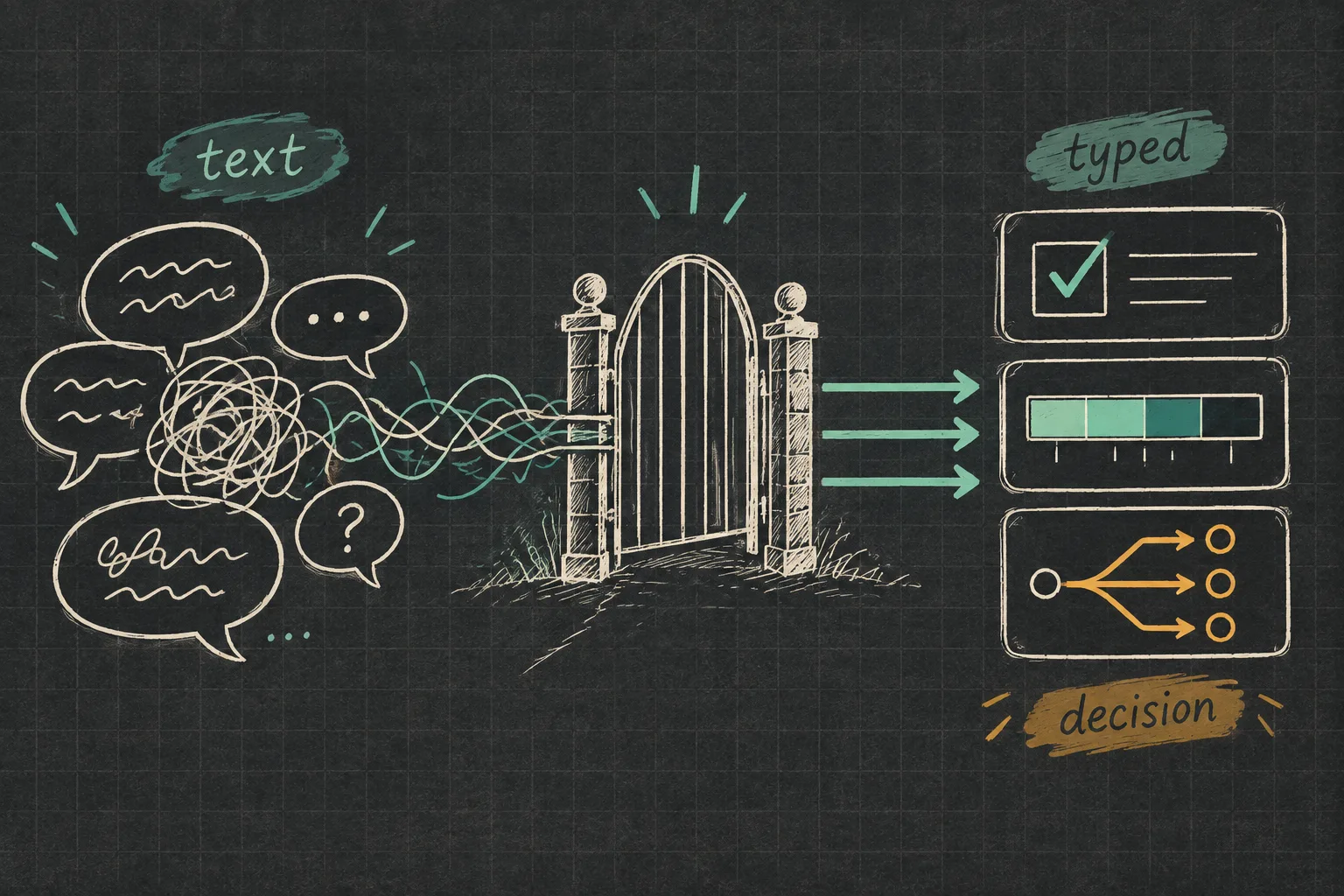A doodle decision boundary: free-form text passes through a gate and becomes a typed decision