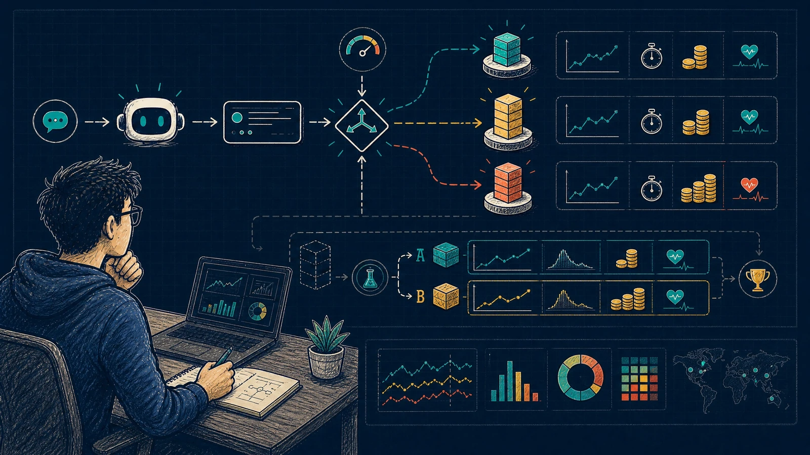 An engineer compares route outcomes with latency, cost, health, and shadow evaluation signals