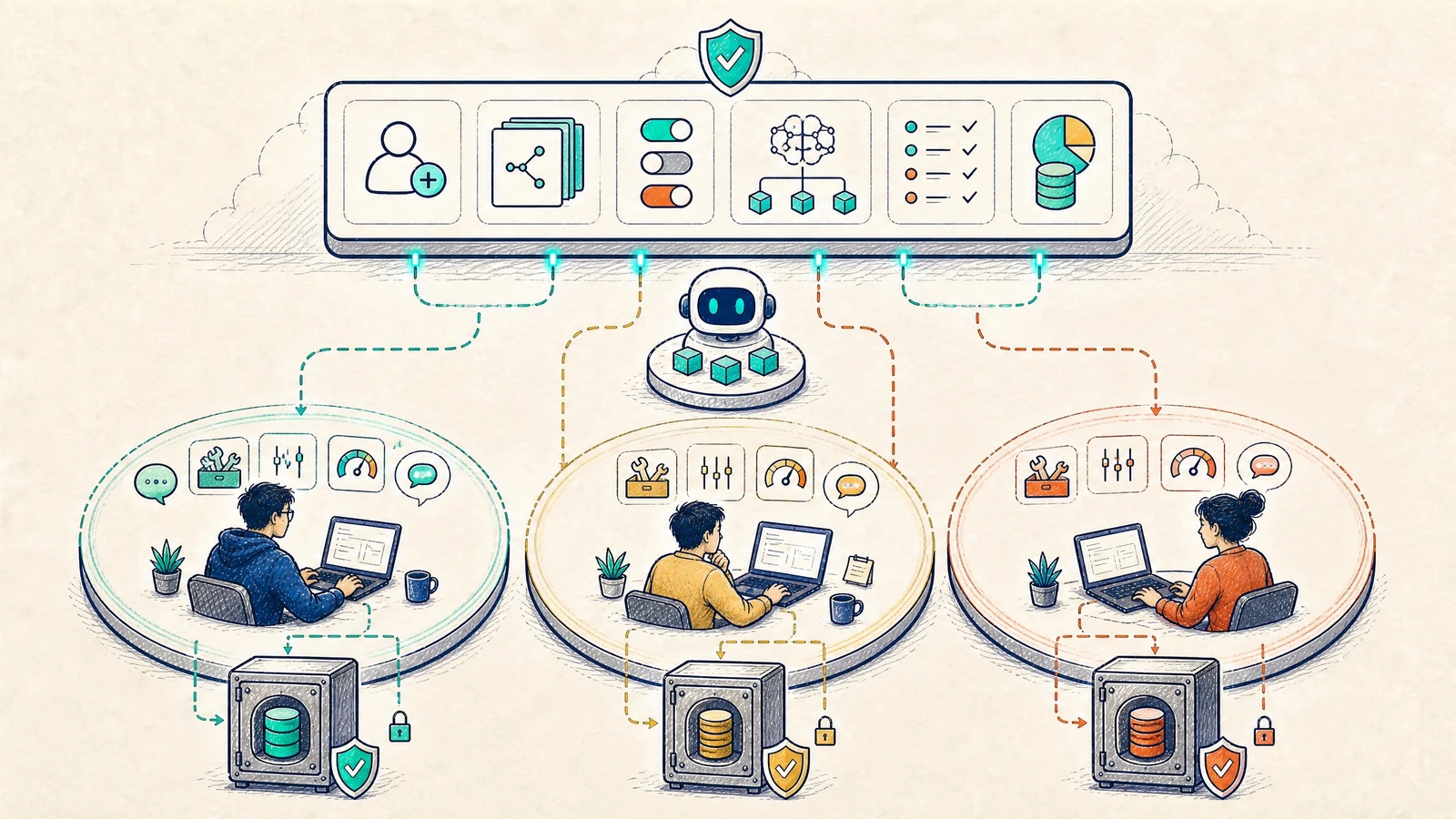 A control plane governs onboarding, policy, routing, audit, and billing while tenant workspaces remain isolated
