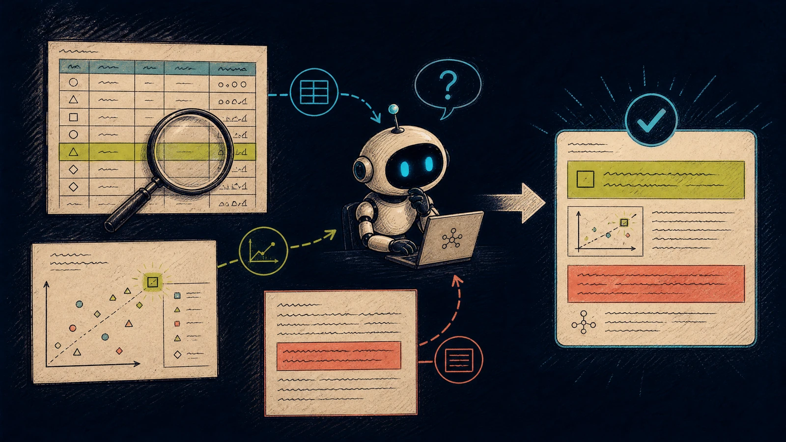 A robot answers a table question by combining the highlighted row, its header, and a nearby explanation rather than using the row alone
