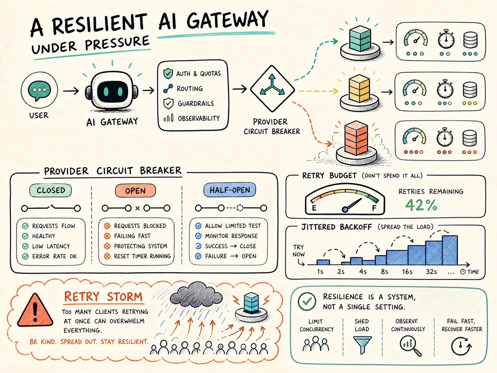 A hand-drawn resilient AI gateway with circuit-breaker states, a bounded retry budget, jittered backoff, and a retry-storm warning