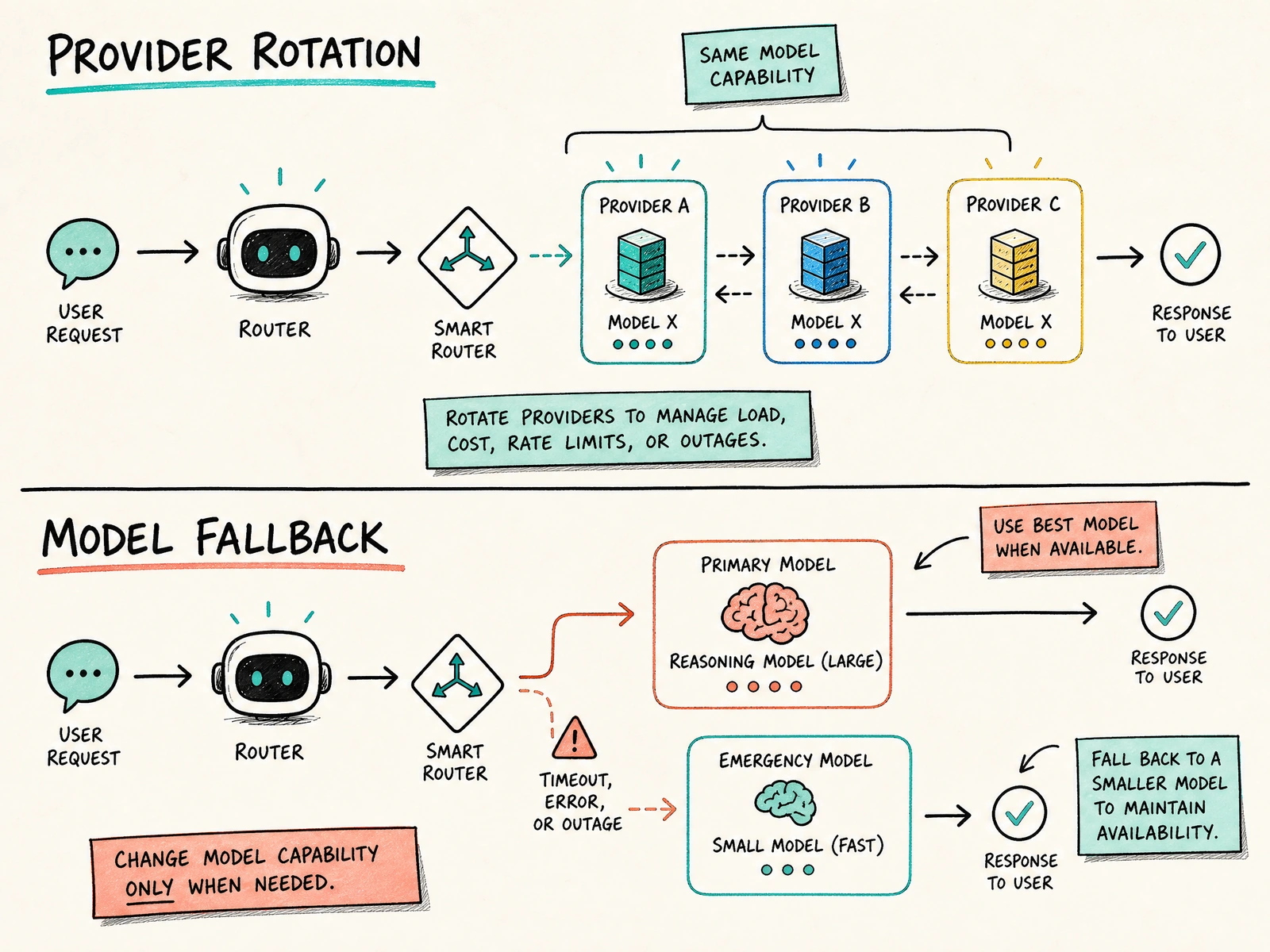 A hand-drawn comparison of provider rotation, which keeps the same model capability, versus model fallback, which changes capability only when necessary