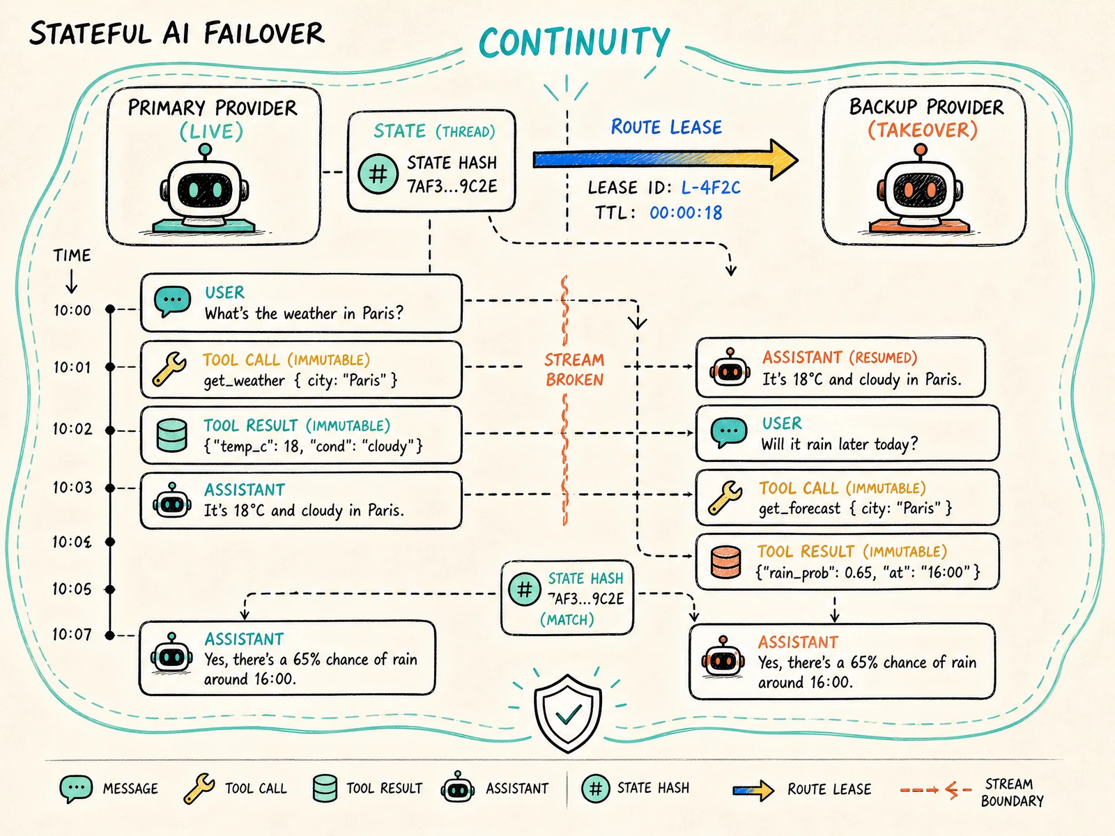 A hand-drawn stateful failover timeline showing immutable tool events, a state hash, a route lease, and a broken stream boundary