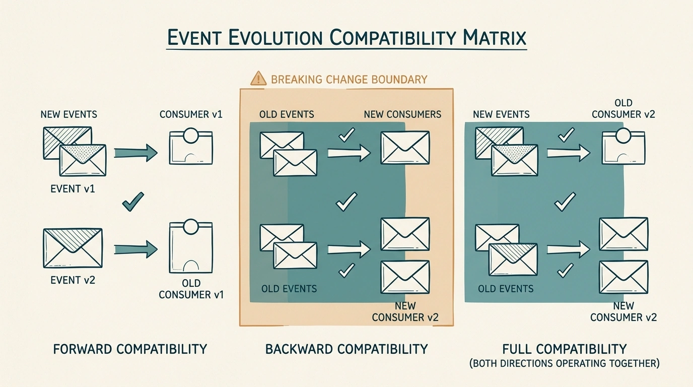 A compatibility matrix shows V1 and V2 producers and consumers crossing backward, forward, and full-compatibility gates
