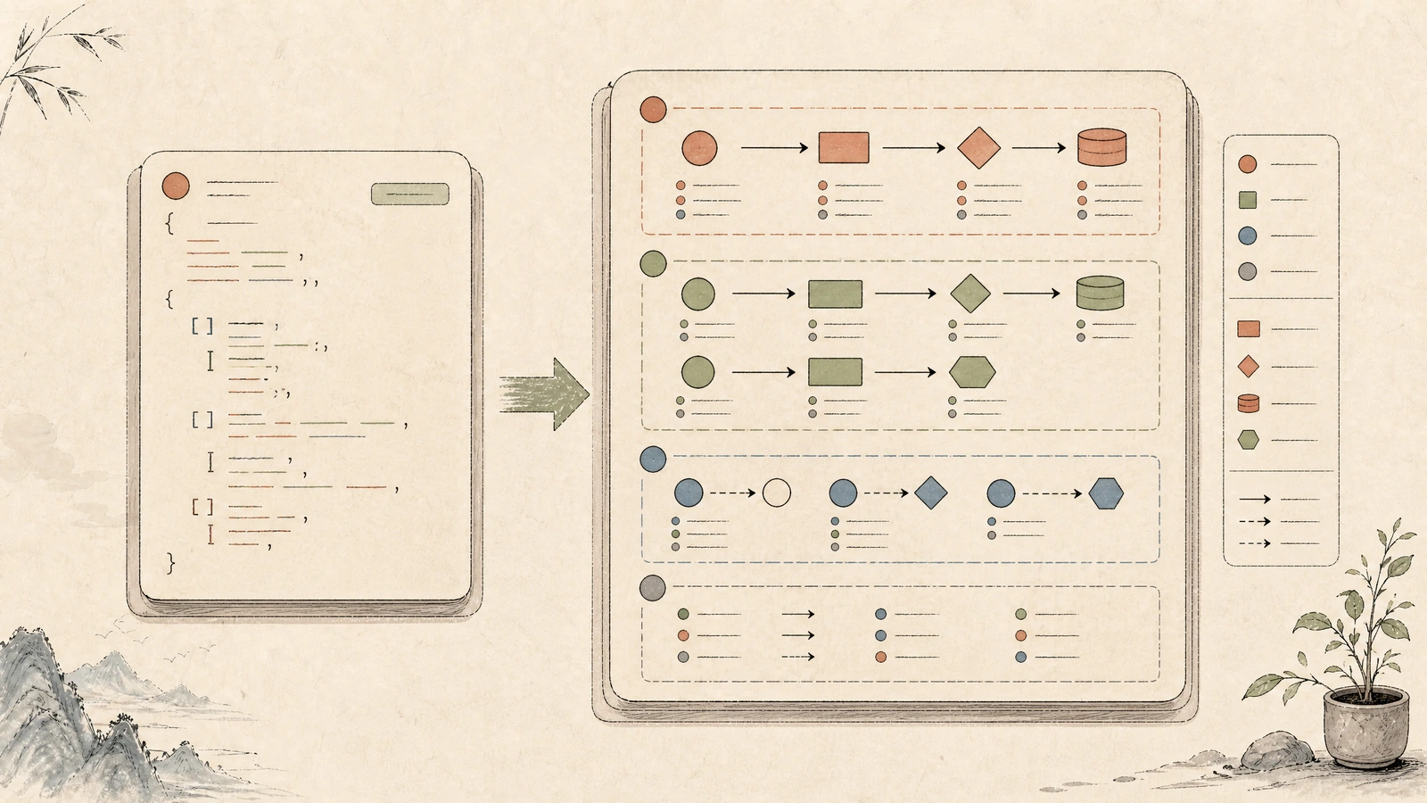 A raw tool-call card transforms into an entity-level semantic change map with fields, relationships, and state transitions