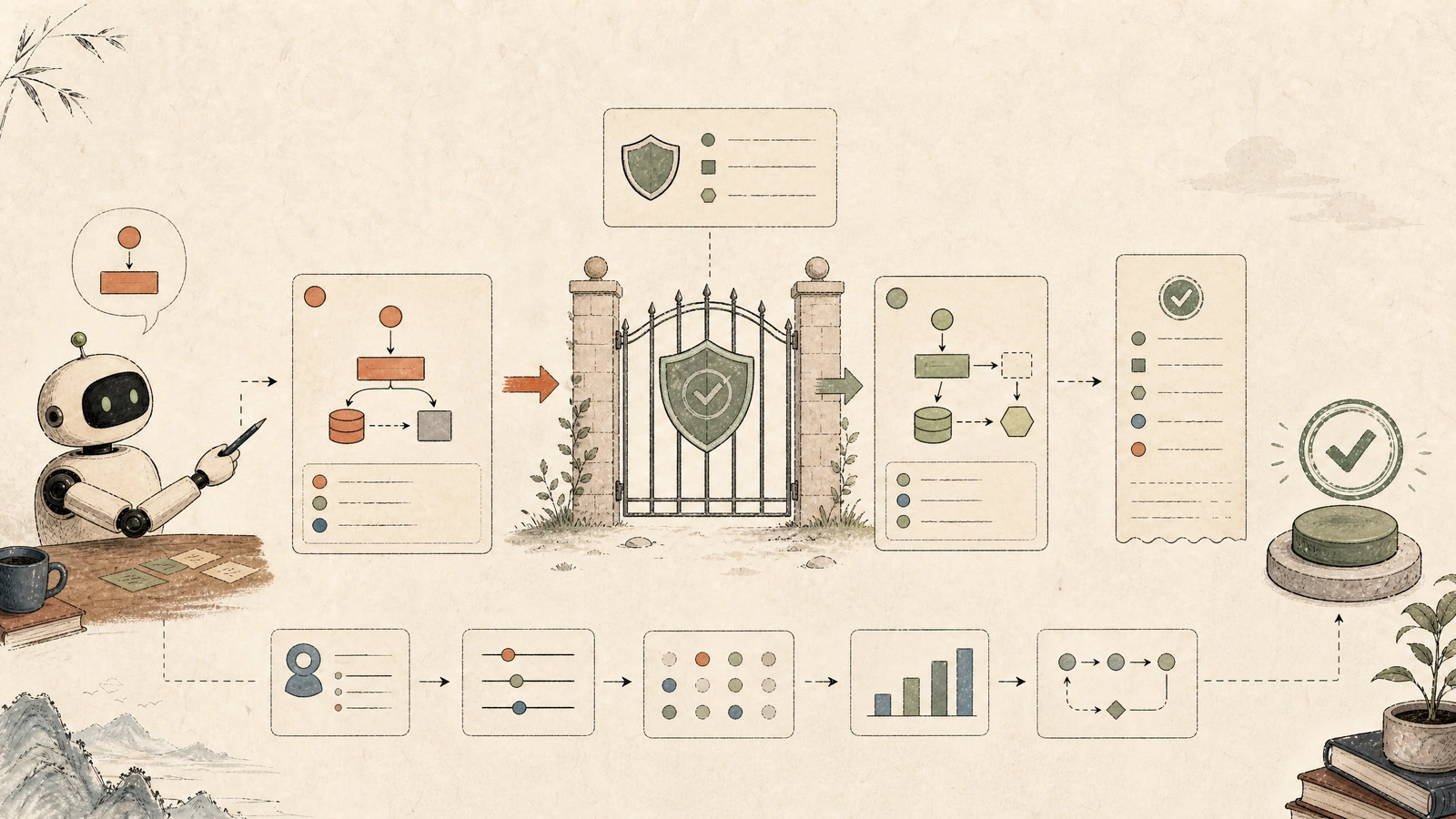 A guarded write boundary compares before and after state, checks invariants, creates an audit receipt, and only then commits