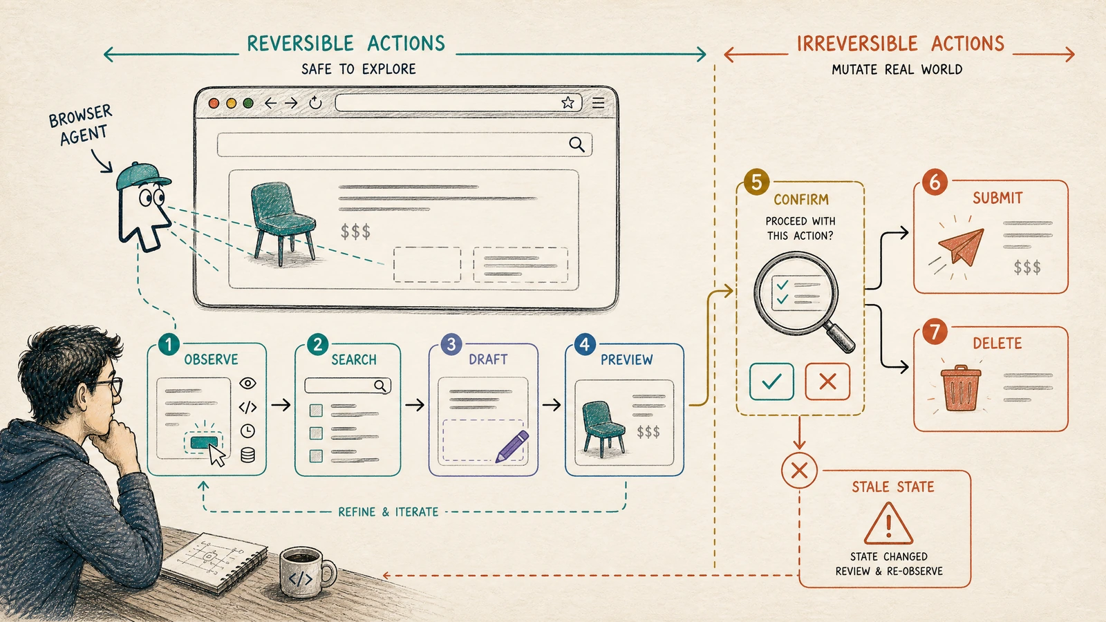 Browser actions are divided into reversible exploration and irreversible mutation with a confirmation gate