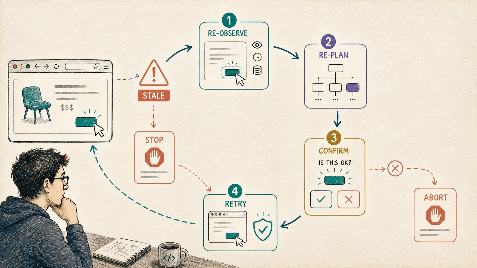 A browser-agent recovery loop detects stale state, stops, re-observes, re-plans, confirms, and retries or aborts