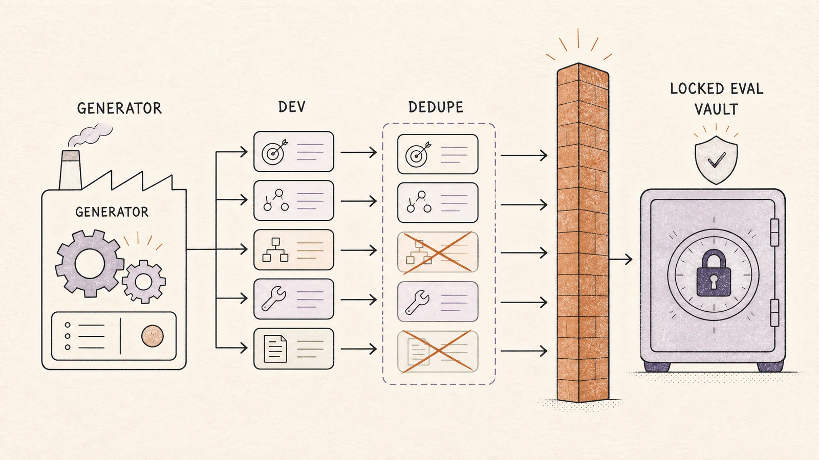 The evaluation firewall keeps generator and development artifacts away from the locked test set and evaluator-only annotations