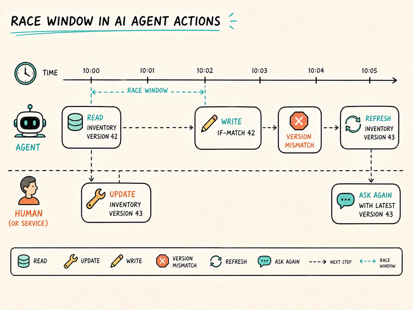 A timeline shows an AI agent reading inventory version 42, a concurrent update to version 43, a version mismatch, and a safe refresh